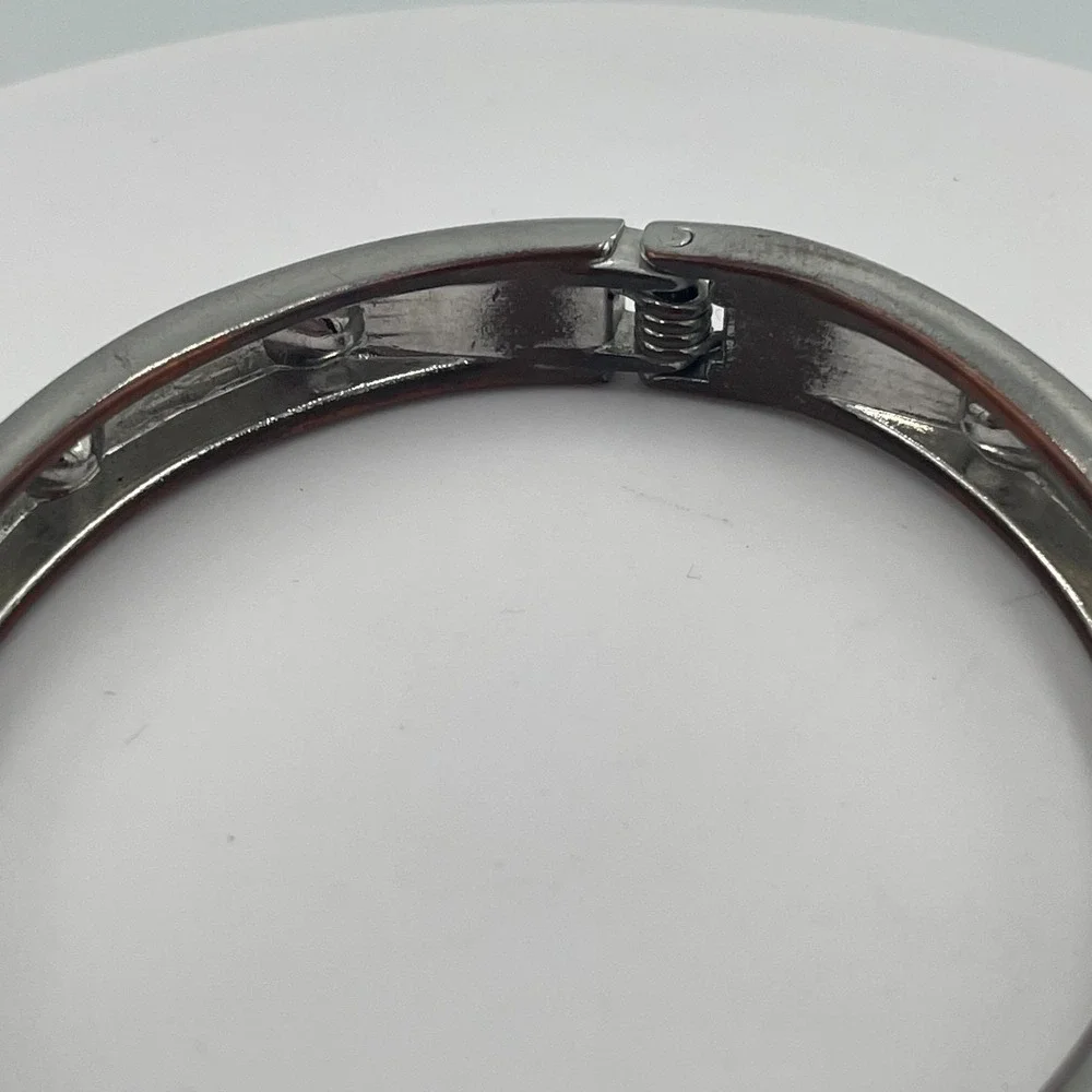 Vintage Y2K Silver Tone Rhinestone Inset Hinge Bangle Minimalist Bracelet